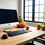**Prompt:** A brightly lit, ergonomic home office setup in Malaysia. Focus on a comfortable chair, adjustable desk with a laptop, and a monitor at eye level. Include healthy snacks like local fruits and nuts on the desk, and a water bottle to encourage hydration. Natural light streaming through a window. The overall feel should be productive and healthy.