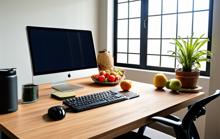 **Prompt:** A brightly lit, ergonomic home office setup in Malaysia. Focus on a comfortable chair, adjustable desk with a laptop, and a monitor at eye level. Include healthy snacks like local fruits and nuts on the desk, and a water bottle to encourage hydration. Natural light streaming through a window. The overall feel should be productive and healthy.
